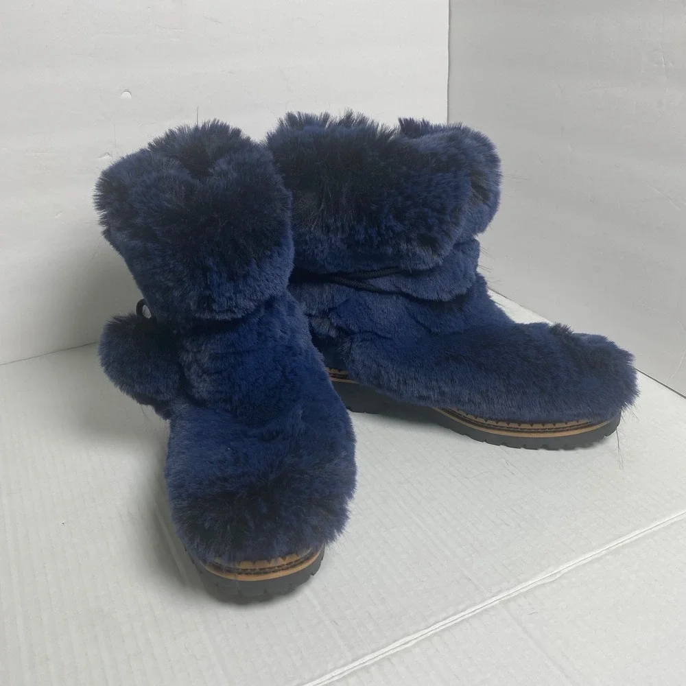 Sam Edelman‎ Navy Blue Faux Fur Pom Pom Lug Sole Ankle Boots Womens 8.5M Cozy
